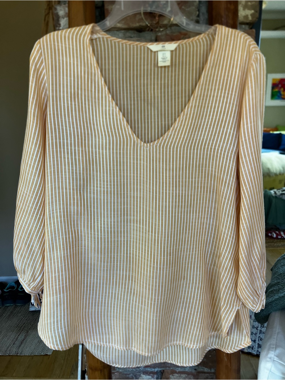 H&M Pale Yellow and White Striped V-Neck Blouse